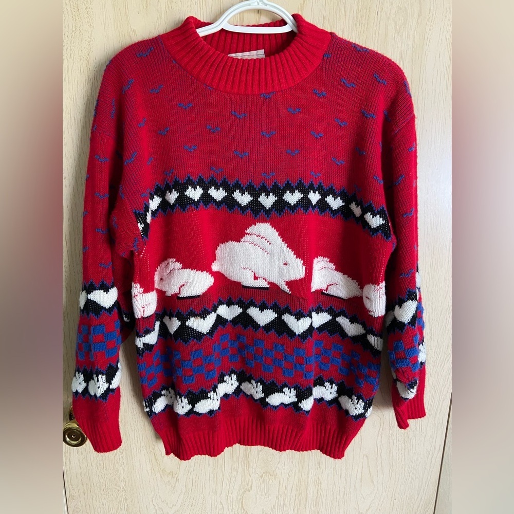 Vintage SPUNKY Bunny Rabbit All Over Winter Spring Sweater Womens Sz Medium